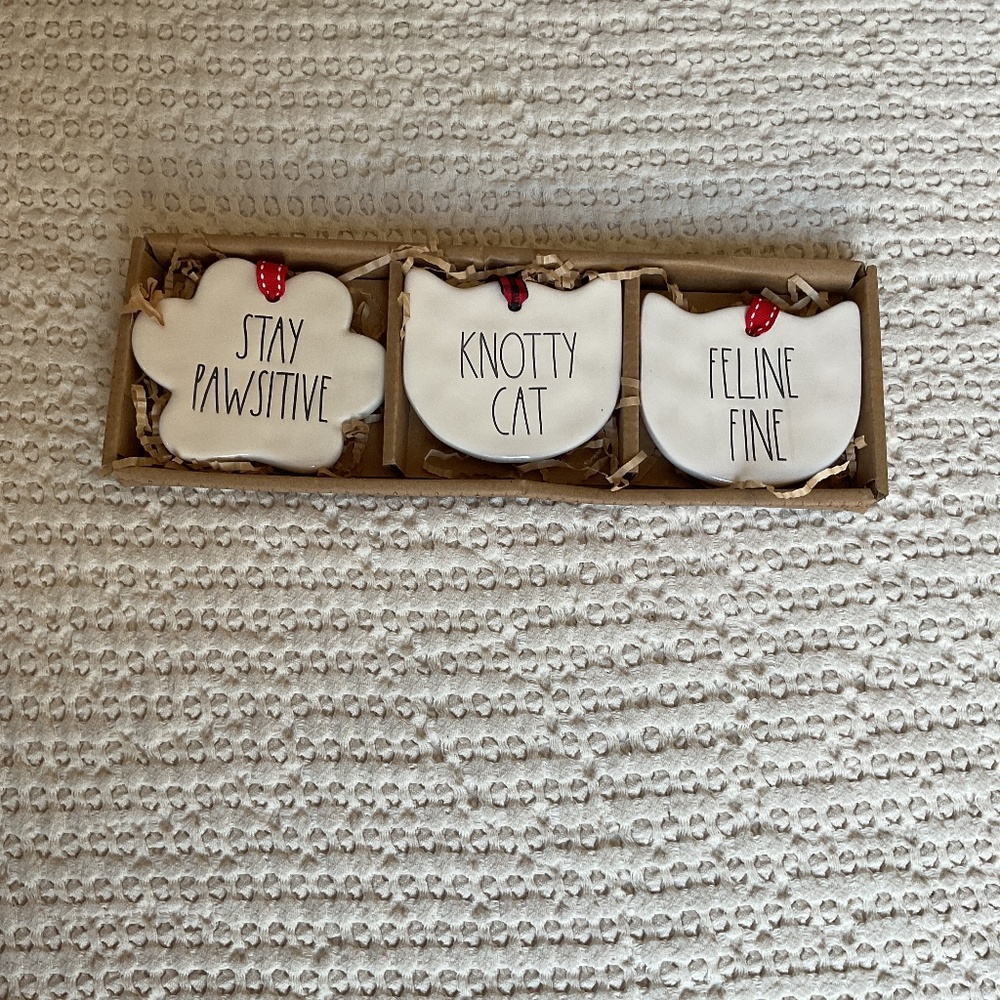 New Rae Dunn 3-piece ceramic Christmas ornament set -cat